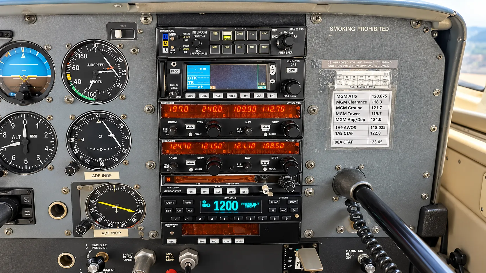 Aircraft avionics panel with radios, GPS, and transponder