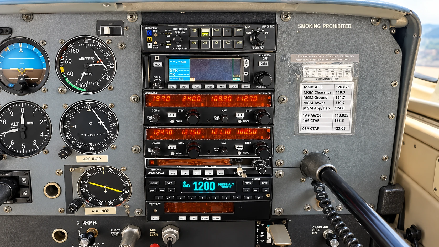 Aircraft avionics stack with radios, GPS, and transponder