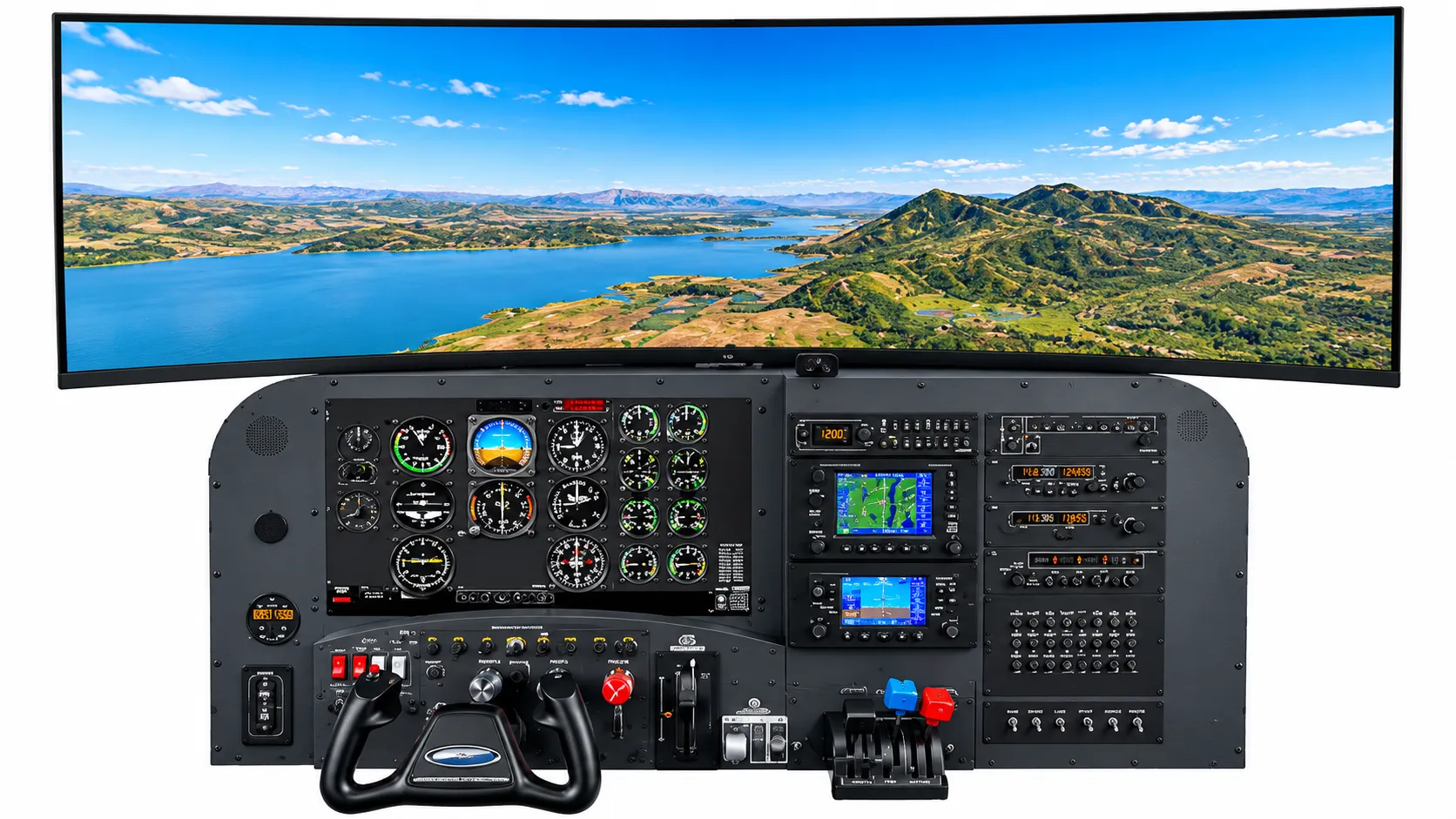 Desktop flight simulator with an analog instrument panel, avionics stack, yoke, and a wide panoramic display showing a lake and mountains (concept rendering)