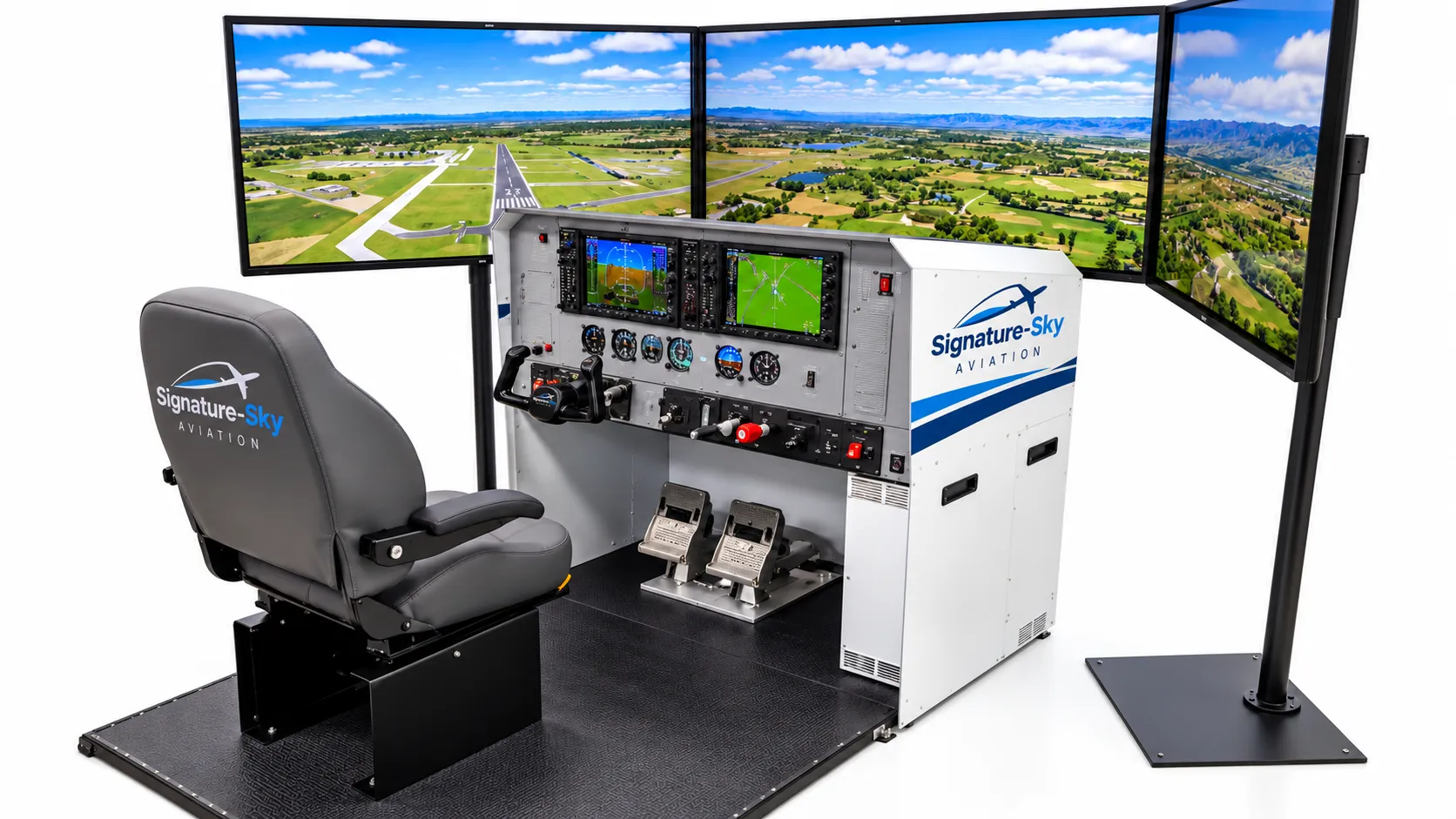 Fixed-base flight simulator with a pilot seat, glass-cockpit panel, rudder pedals, and three wraparound displays showing an airfield (concept rendering)