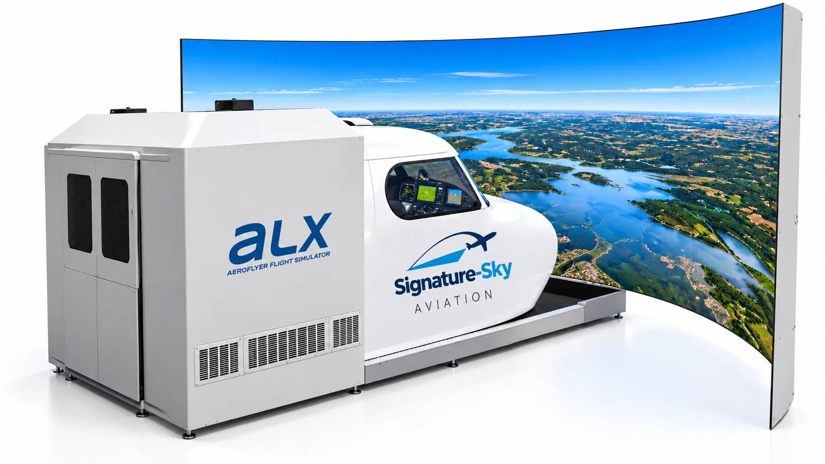 Flight simulator cockpit module in front of a large curved panoramic screen showing lakes and forest from the air (concept rendering)