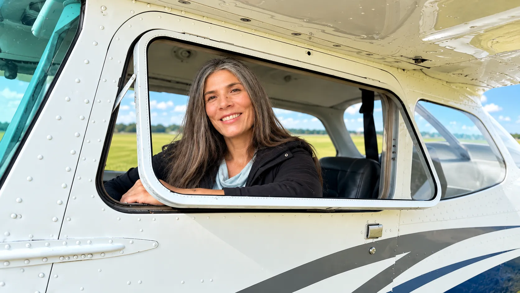 A smiling pilot looking out from the open window of a light aircraft on a grass airfield